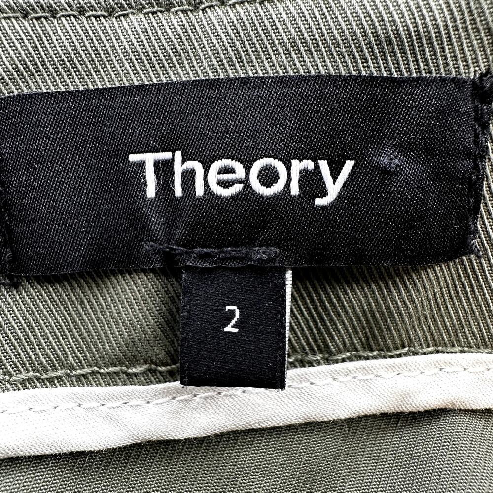 Theory Reconstructed Midi Skirt Ruffle Trim High Waisted Cotton Career Green 2 - Picture 3 of 5